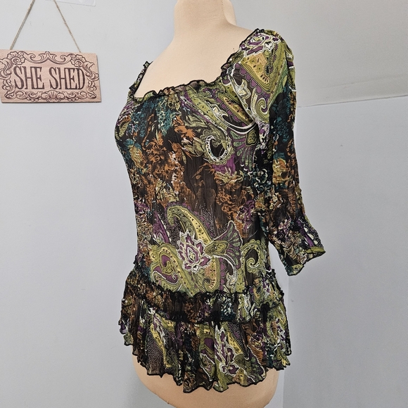 Y2K Paisley Mesh Peasant Top Whimsigoth Sheer XS Coquette Fairy Goth Artsy Boho - Picture 5 of 14
